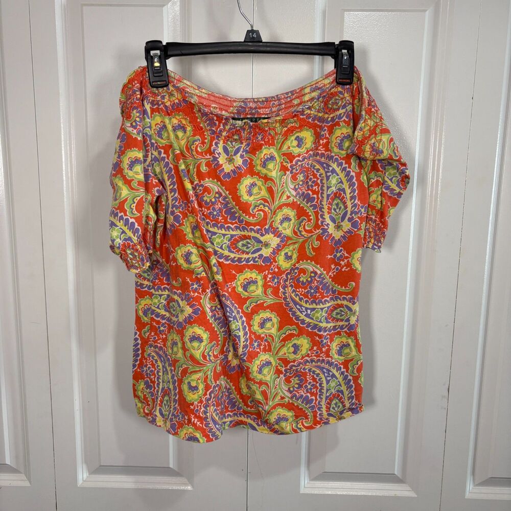 Lauren Ralph Lauren Womens M Paisley Smocked Boho Peasant Top Cottagecore